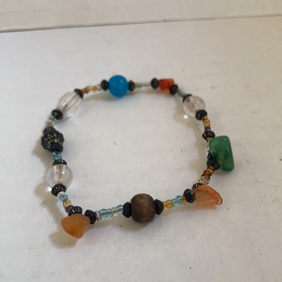 Tumbled Sea Glass Wood Metal Colorful Beads Stretchy Bracelet - Picture 8 of 9